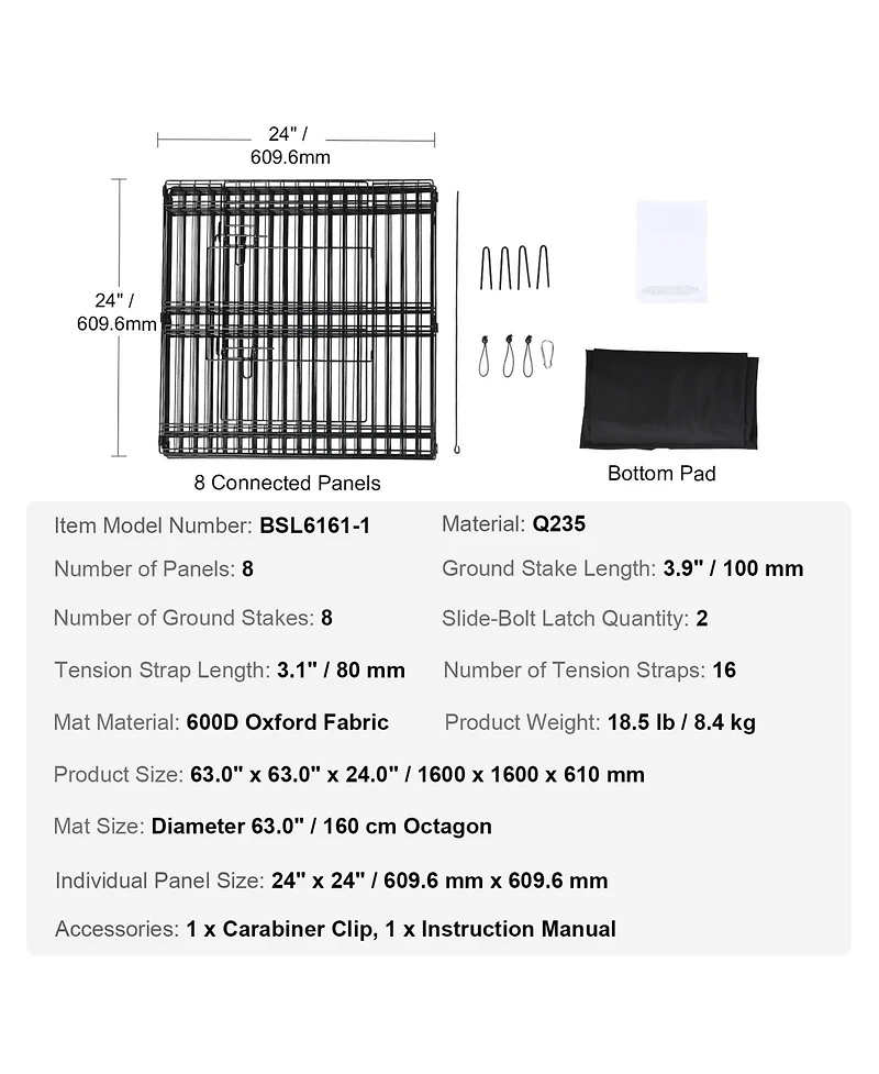 Vevor Dog Playpen 8 Panels Foldable Metal Dog Exercise Pen with Bottom Pad 24" H
