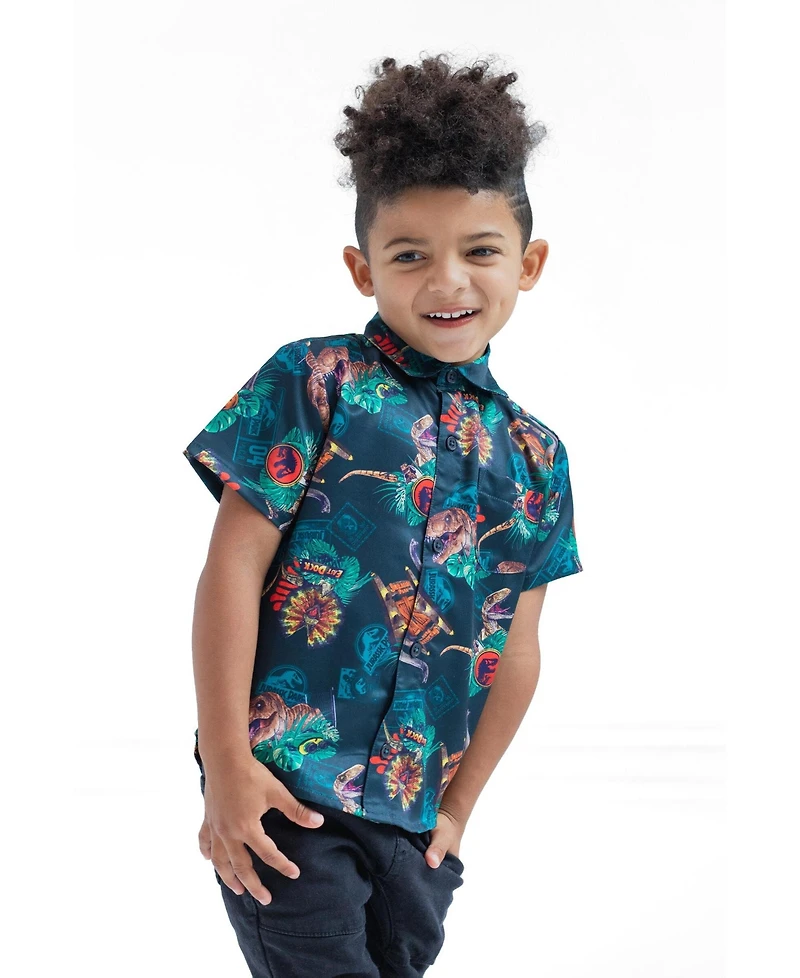 Jurassic Park T-Rex Boys' Hawaiian Short Sleeve Button Down Shirt