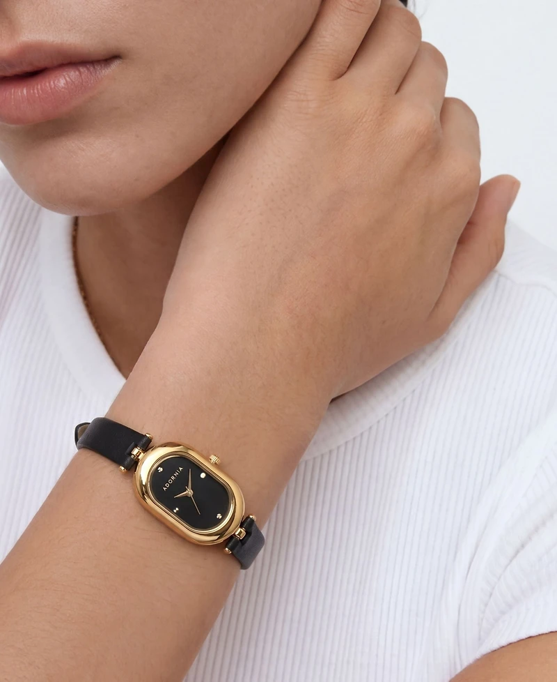 Adornia Women's Gold Milan Black Leather Band and Black Face Watch