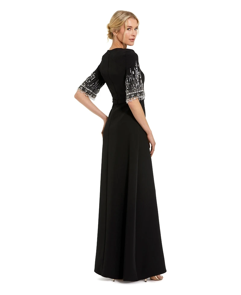 Mac Duggal Petite Crepe A Line Gown With Beaded 3/4 Sleeves