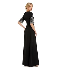 Mac Duggal Petite Crepe A Line Gown With Beaded 3/4 Sleeves