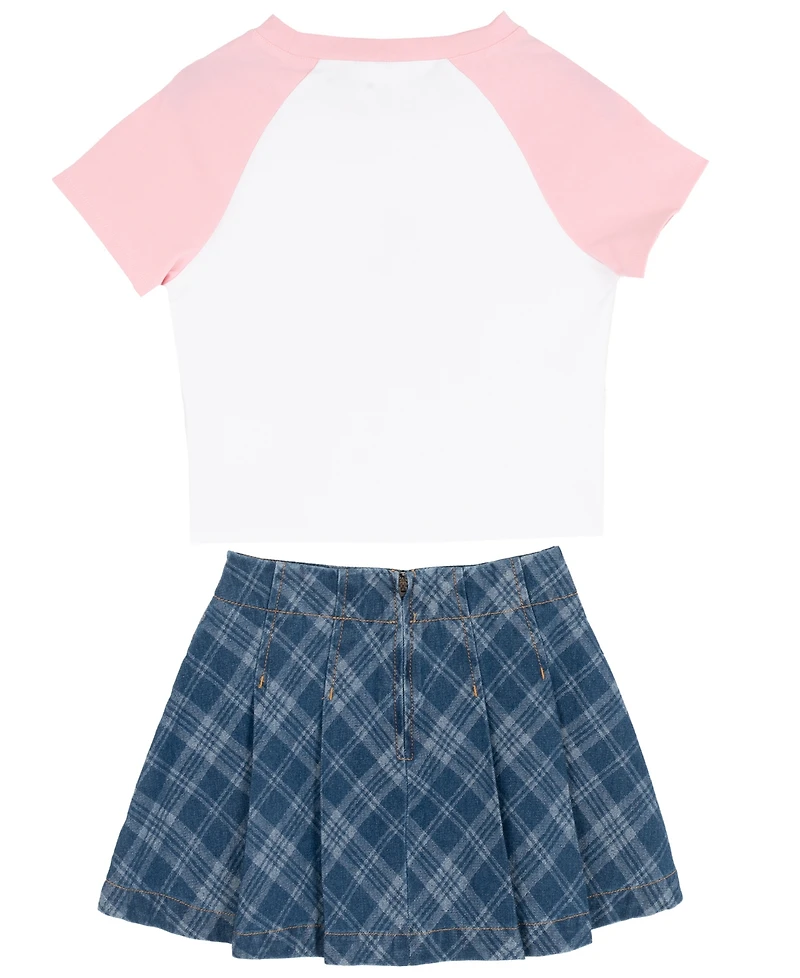 Tween Diva Girls' 7-12 Bear Graphic Raglan Sleeve T-Shirt, Plaid Skort and Bracelet, 3-Piece Set