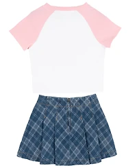 Tween Diva Girls' 7-12 Bear Graphic Raglan Sleeve T-Shirt, Plaid Skort and Bracelet, 3-Piece Set