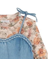 Rare Editions Girls' 7-14 Floral Top and Denim Jumper, 2-Piece Set