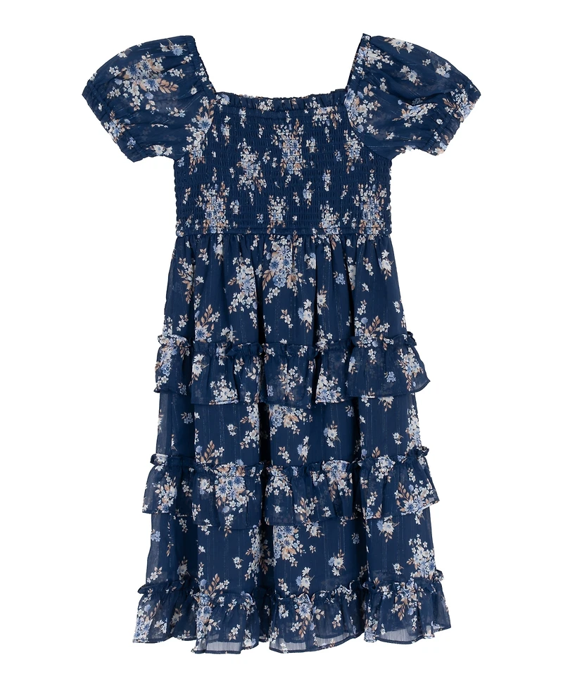 Rare Editions Girls' 4T-6X Printed Lurex Chiffon Puff Sleeve Tiered Midi Dress