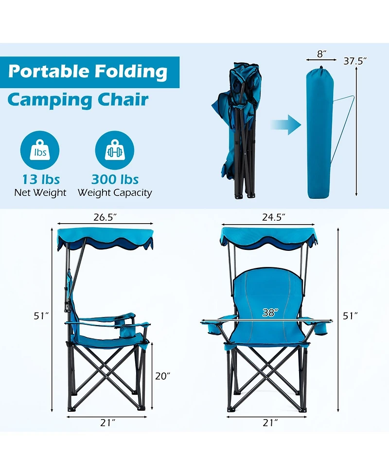Gymax Folding Camping Chair with Canopy Cup Holder Ergonomic Armrest Solid Steel Frame