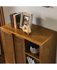 Flynama Mid Century Rattan Sideboard Cabinet with Adjustable Shelves and Wood Legs Light Wood