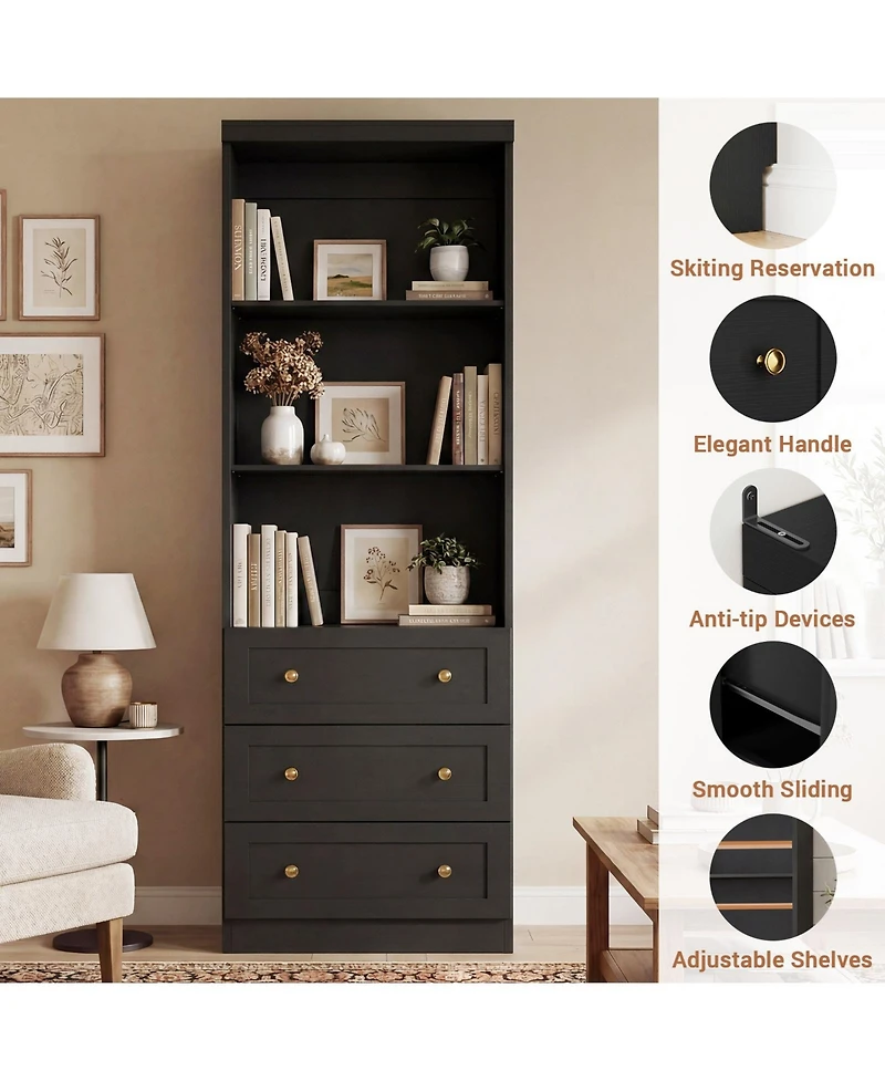 Aheaplus 80" Storage Cabinet with 3 Drawers and Open Shelves, Wooden Bookcase