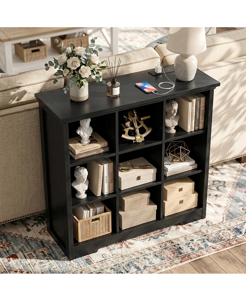 Aheaplus 9 Cube Bookshelf with Charging Station, Floor Cubby Toy Organizer