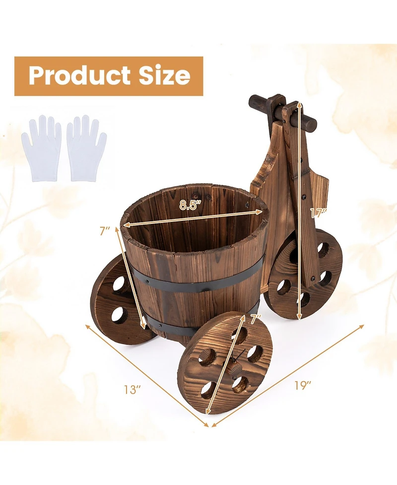 Costway Rustic Wood Tricycle Planter with Barrel Pot and Drainage for Patio