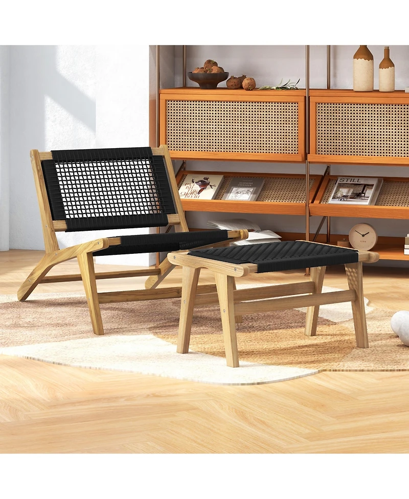 Gymax Mid Century Modern Accent Chair With Ottoman Living Room Chair with Teak Wooden Frame