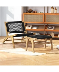 Gymax Mid Century Modern Accent Chair With Ottoman Living Room Chair with Teak Wooden Frame
