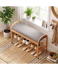 Slickblue Wicker Shoe Bench with Cushion Seat and 2-Level Storage Shelf for Entryway