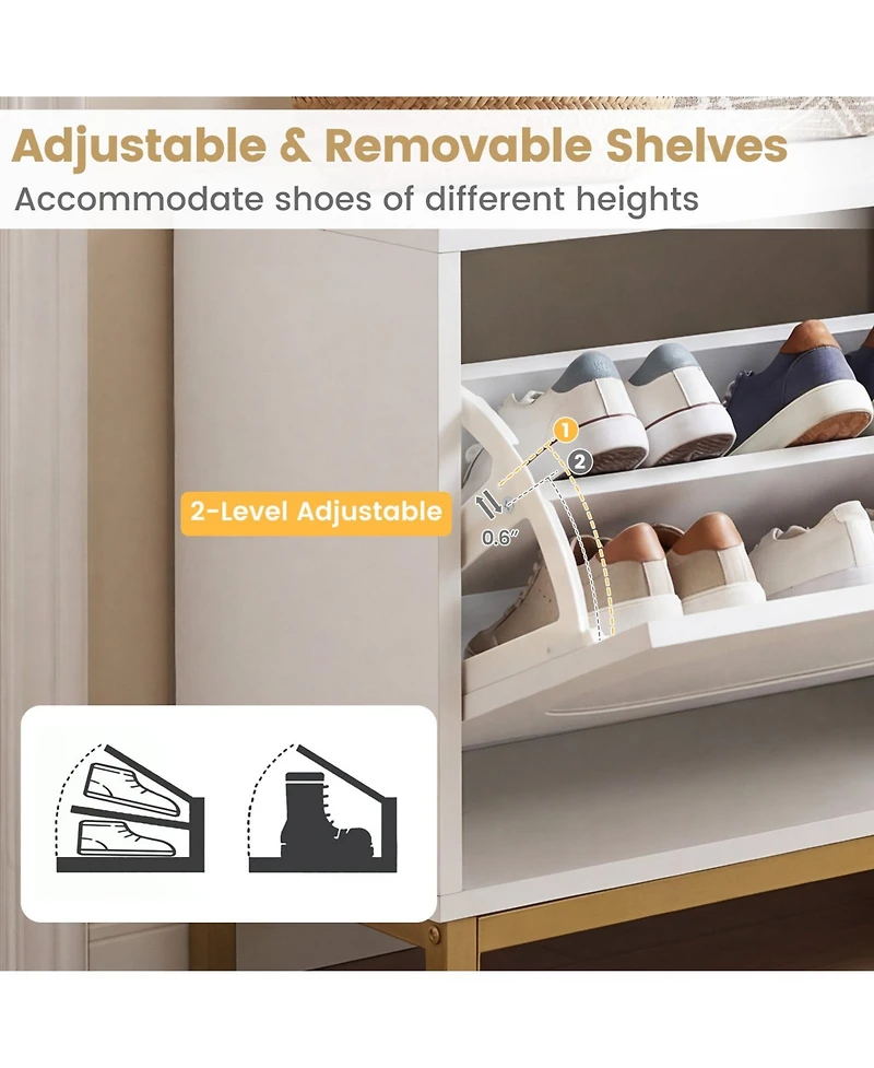 Slickblue Narrow Entryway Shoe Storage Bench with 2 Flip Drawers and Adjustable Shelves
