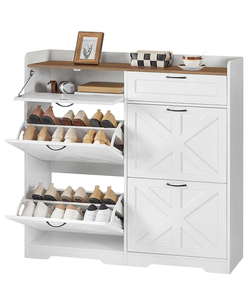 Slickblue Shoe Storage Cabinet Farmhouse Design with Flip-Down Drawers