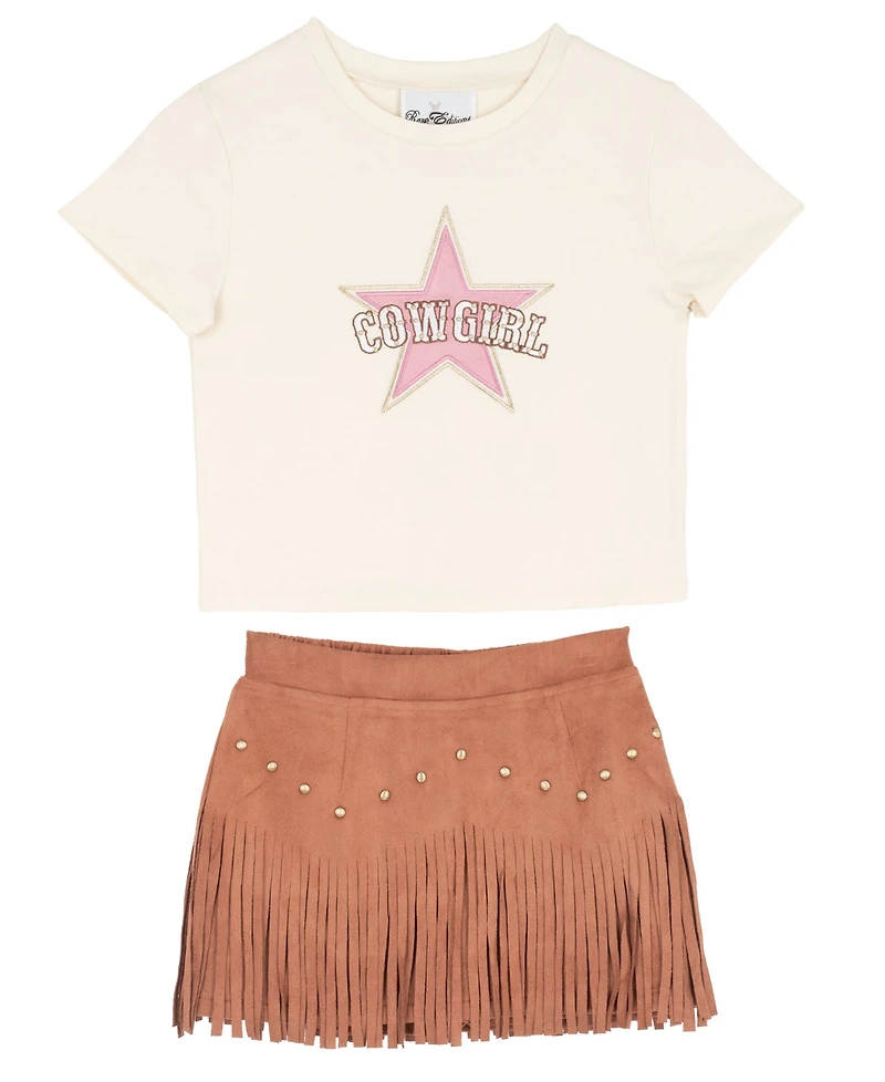 Rare Editions Girls' 2T-6X Cowgirl Graphic Knit T-Shirt and Fringe Stud Skirt, 2-Piece Set