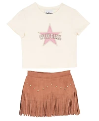 Rare Editions Girls' 2T-6X Cowgirl Graphic Knit T-Shirt and Fringe Stud Skirt, 2-Piece Set
