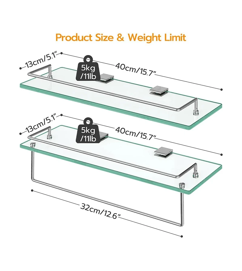 Slickblue Set of 2 15.7" Tempered Glass Floating Wall Shelves