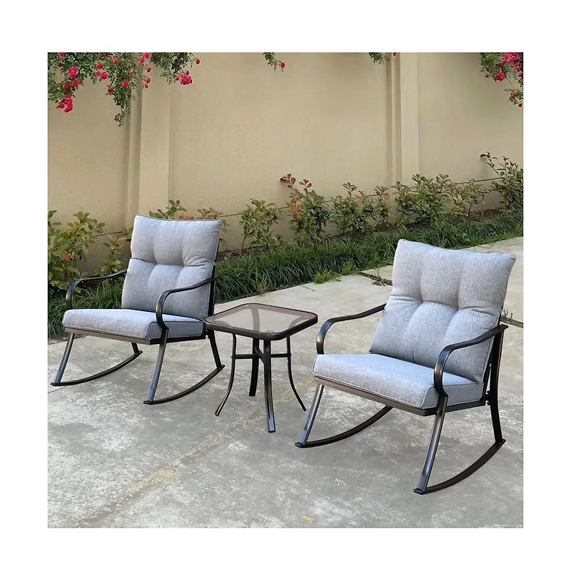 Yiortwo 3 Piece Patio Rocking Chair Set with Cushioned Rockers and Glass Top Side Table