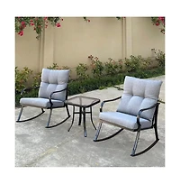 Yiortwo 3 Piece Patio Rocking Chair Set with Cushioned Rockers and Glass Top Side Table