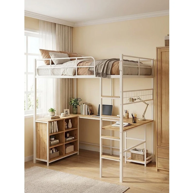 homfan Loft Bed with Metal Frame Large Desk Surface, Open Baskets, Pc Stand, Elevated, Durable, Sturdy, Compact Bed for Rooms