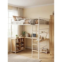 homfan Loft Bed with Metal Frame Large Desk Surface, Open Baskets, Pc Stand, Elevated, Durable, Sturdy, Compact Bed for Rooms