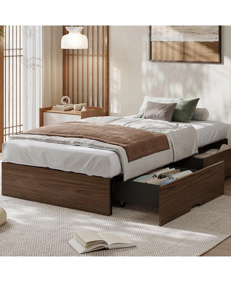 gaomon Wood Platform Bed Frame with 2 Storage Drawers, Wooden Bed Frame Without Headboard, Wood Slat Support, No Box Spring Needed