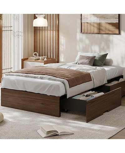 gaomon Wood Platform Bed Frame with 2 Storage Drawers, Wooden Bed Frame Without Headboard, Wood Slat Support, No Box Spring Needed
