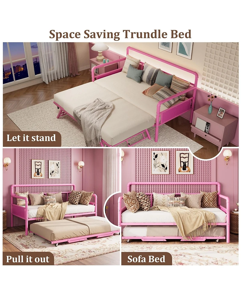 homfan Twin Daybed with Trundle, Metal Daybed with Pop Up Trundle and Steel Slats for Bedroom or Guest Room