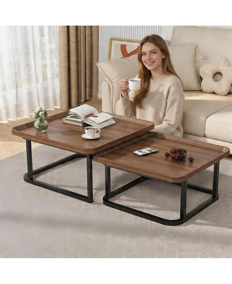 homfan Coffee Table Set of 2, Square Small Tables for Living Room, Bedroom, Balcony, Space Saving Mid Century Modern Nesting