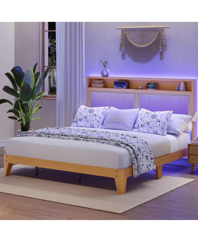 gaomon Rattan Full Size Bed Frame with Led Lights, Boho Wood Bed Frame with Storage Headboard & Charging Station, No Box Spring Needed