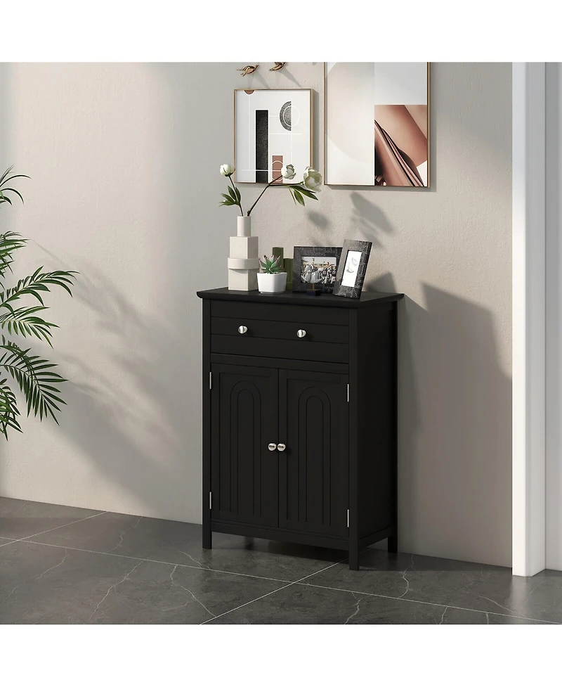 Gymax Bathroom Floor Cabinet Wooden Storage Organizer with Drawer & Doors Blcak