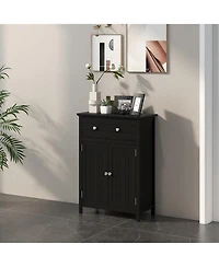 Gymax Bathroom Floor Cabinet Wooden Storage Organizer with Drawer & Doors Blcak