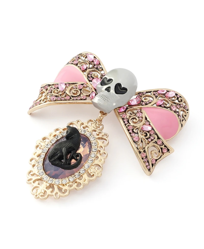 Betsey Johnson Faux-Stone Pretty Spooky Skull Bow Cat Cameo Brooch