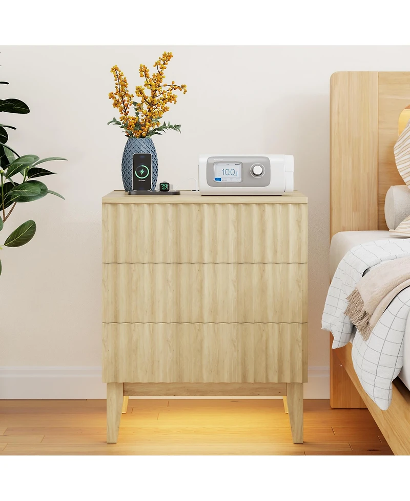 Vlsrka 19.7" Wide 3-Drawer Nightstand with Charging Station and Motion Sensor Led Light