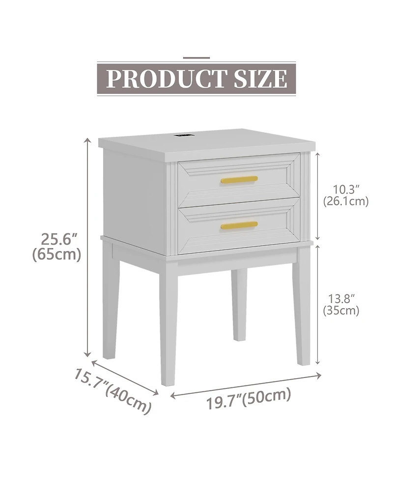 Vlsrka 25.6" H Nightstand with 2 Drawers and Charging Station, Modern Led Bedside Table