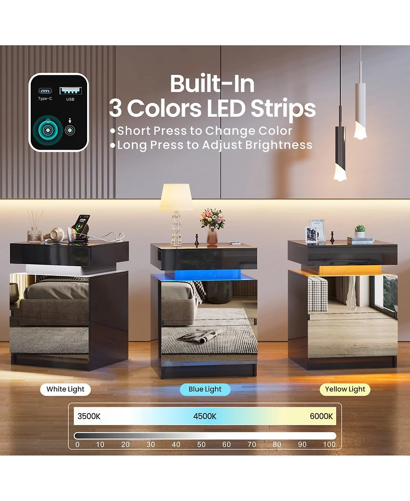 Vlsrka Mirrored Nightstand with 2 Drawers and Motion Sensor Light, Modern Bedside Table