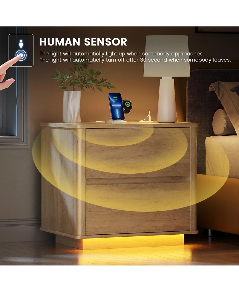 Vlsrka Modern Wooden Nightstand with Motion Sensor Light and 2 Drawers