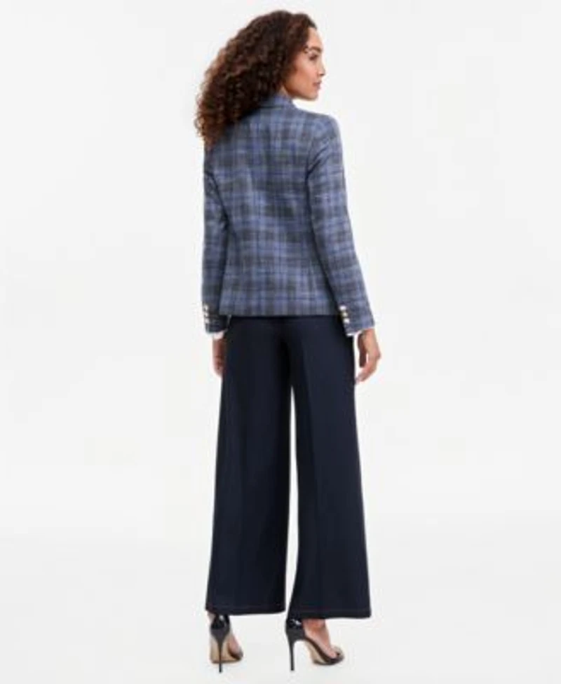Tahari Asl Womens Plaid Double Breasted Blazer V Neck Ruffle Front Long Sleeve Blouse Wide Leg Mid Rise Denim Pants