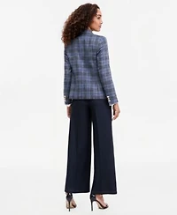 Tahari Asl Womens Plaid Double Breasted Blazer V Neck Ruffle Front Long Sleeve Blouse Wide Leg Mid Rise Denim Pants