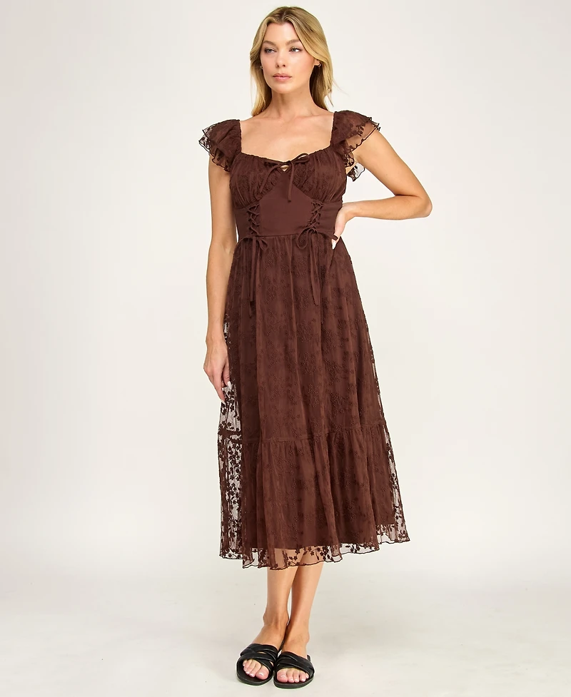 Row A Juniors' Sweetheart-Neck Flutter-Sleeve Lace Dress