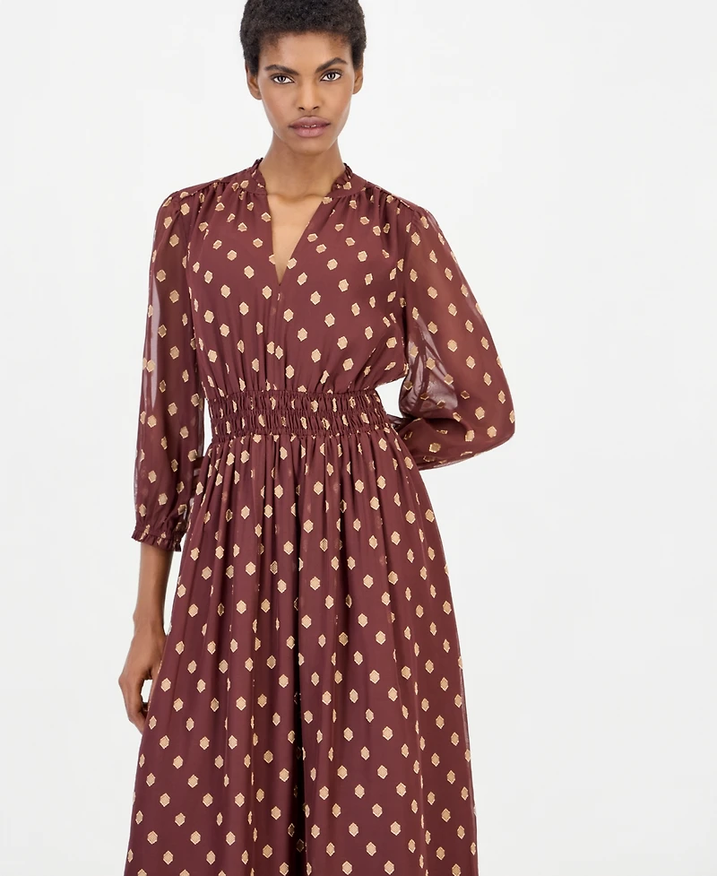 Anne Klein Women's Polka-Dot Ruffle Smocked-Waist Midi Dress