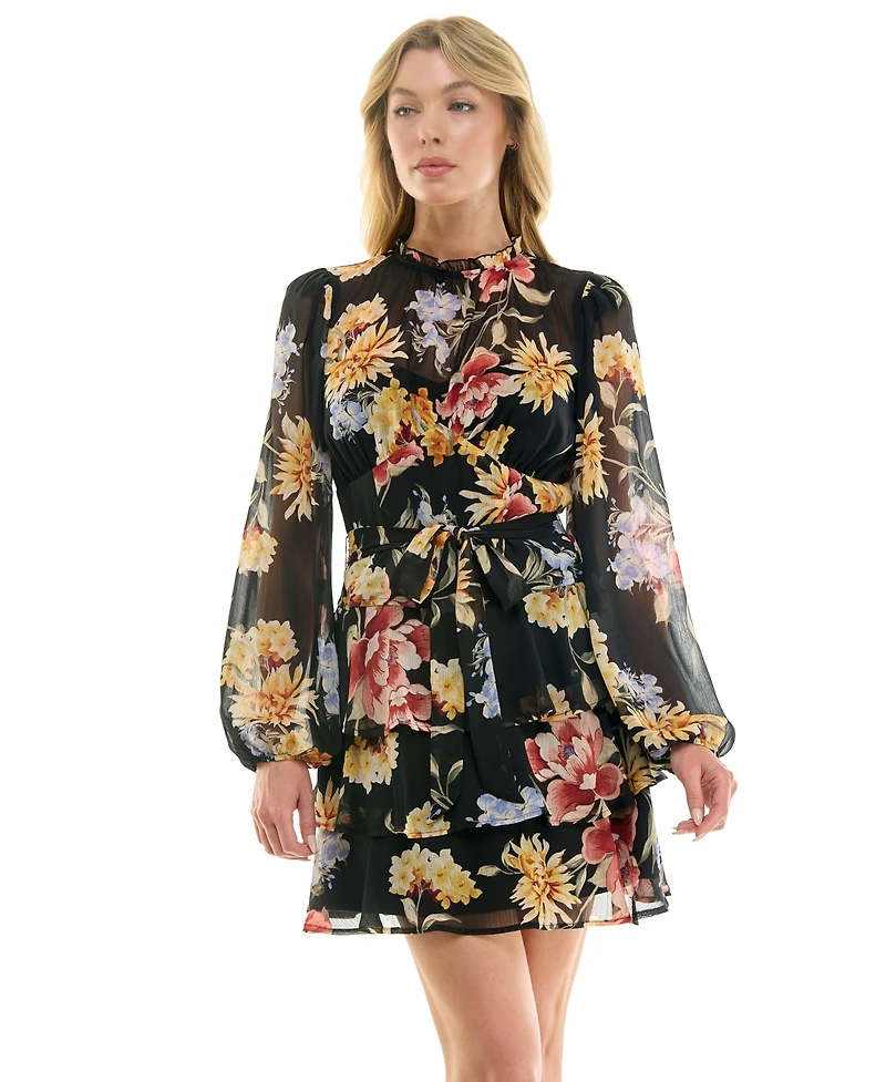 Trixxi Juniors' Long-Sleeve Boat neck Tiered Skirt Dress