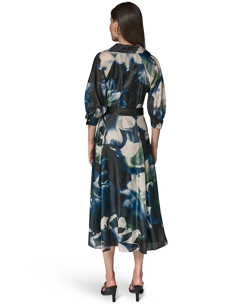 Donna Karan New York Petite Printed Belted Midi Shirt Dress