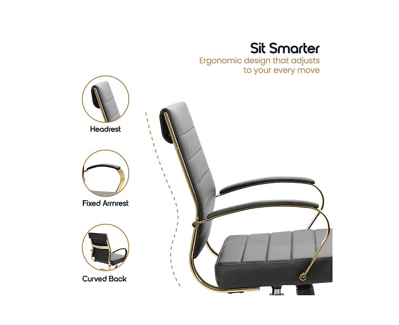LeisureMod 30 Pcs Benmar Swivel Ergonomic Leather Office Chair with Gold Accents and Adjustable Height for Home