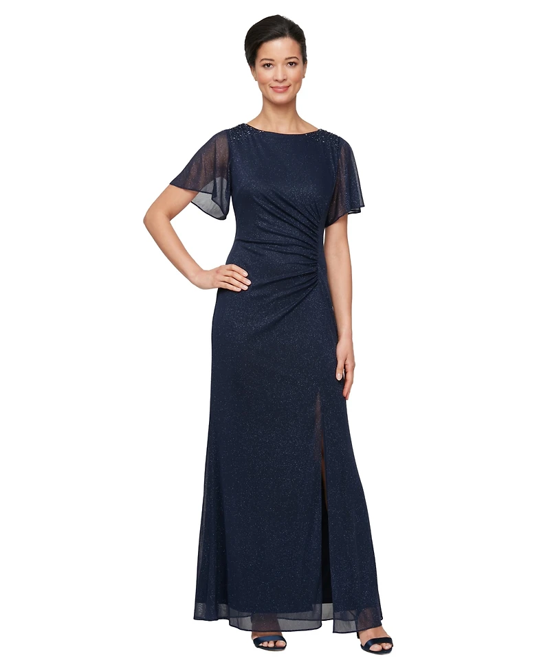 Sl Fashions Women's Round-Neck Flutter-Sleeve Gown