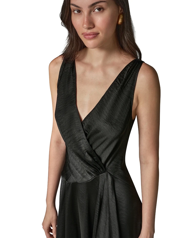 Donna Karan New York Women's Satin Sleeveless Surplice-Neck Draped A-Line Midi Dress