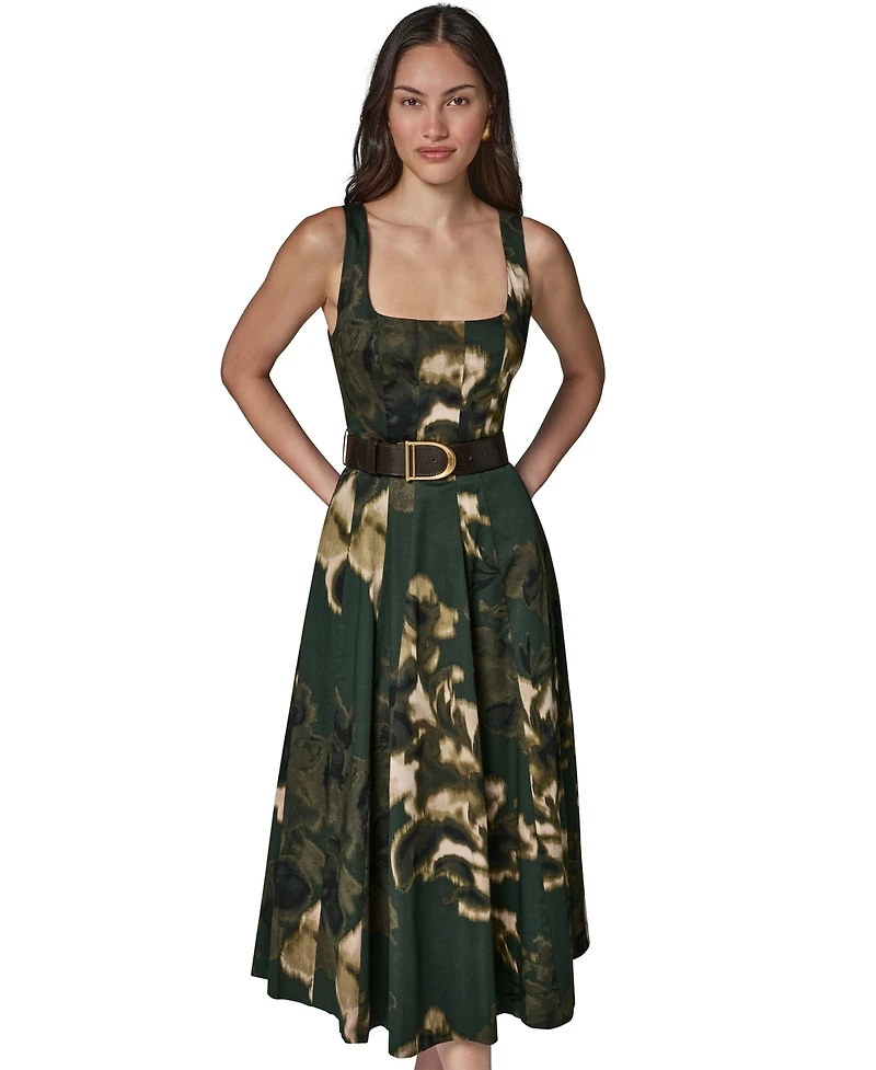 Donna Karan New York Women's Printed Square Neck Pleated Fit and Flare Dress with Belt