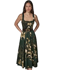Donna Karan New York Women's Printed Square Neck Pleated Fit and Flare Dress with Belt
