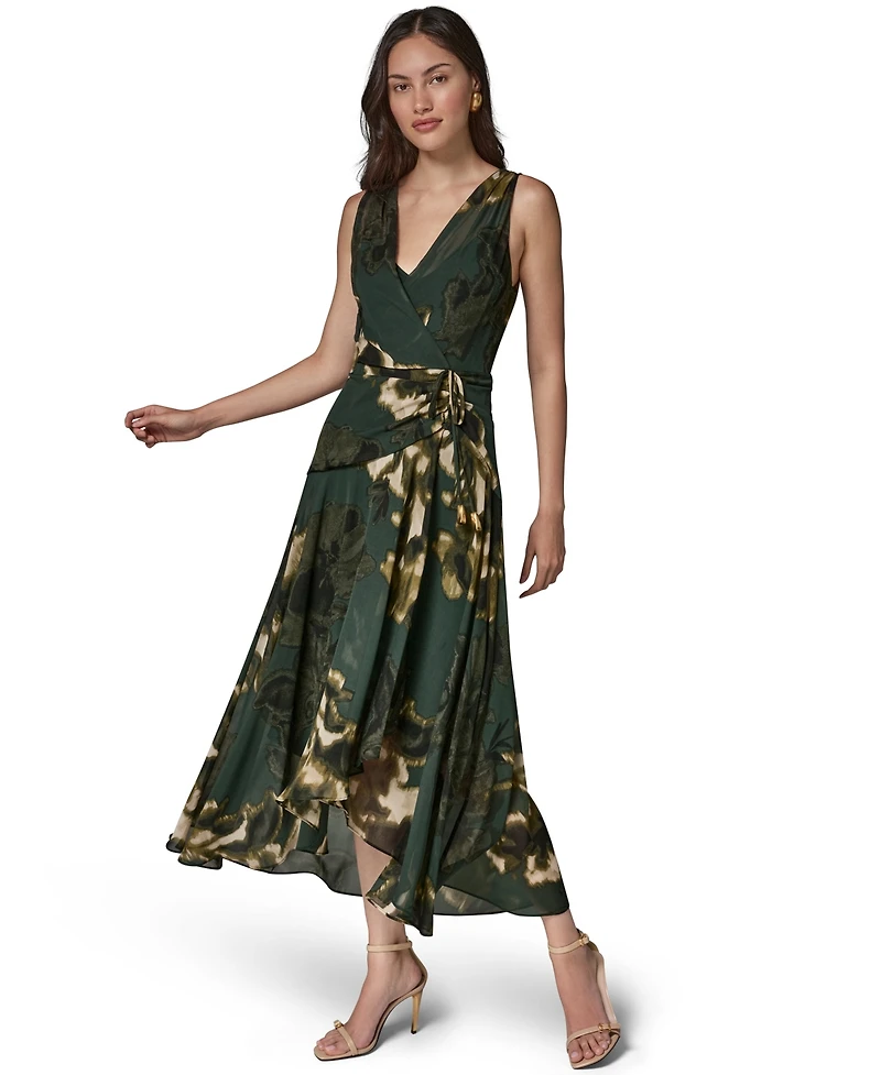Donna Karan New York Women's Sleeveless Printed Chiffon Surplice Neck Dress